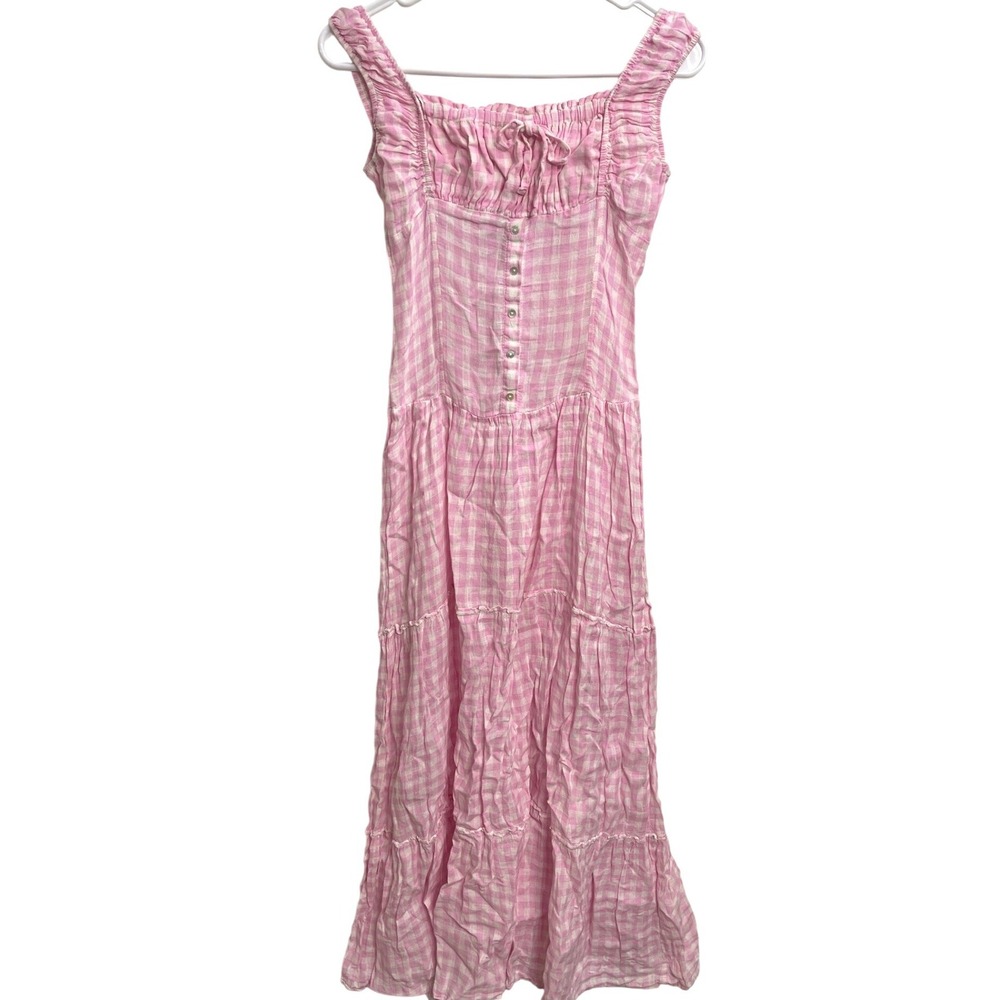 Frankies Bikinis Christabelle 100% Linen Maxi Dress Pink Gingham Cottagecore S - Picture 2 of 6